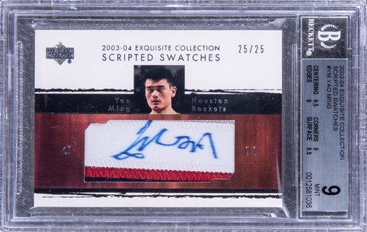 2003-04 UD "Exquisite Collection" Scripted Swatches #YM Yao Ming Signed Game Used Patch Card (#25/25) - BGS MINT 9/BGS 9